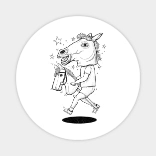 Surreal Hobby Horse Show Jumping Kid Black and White Magnet